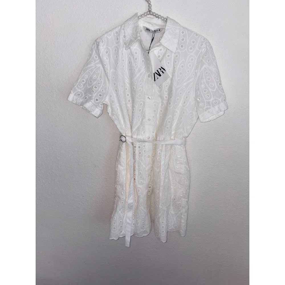 Zara Eyelet Shirt Dress medium White New Belted Scalloped Mini Embroidery - Picture 9 of 16